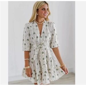Zara White Mini Dress with Green Palm Print and Tie Waist Mini Dress XS